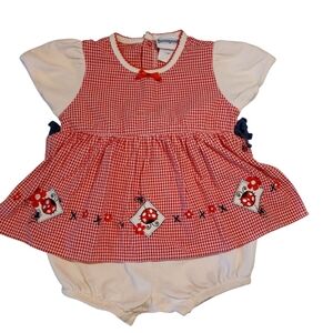 Vintage Buster Brown Red and White Gingham Seersucker Baby Dress Romper 18m